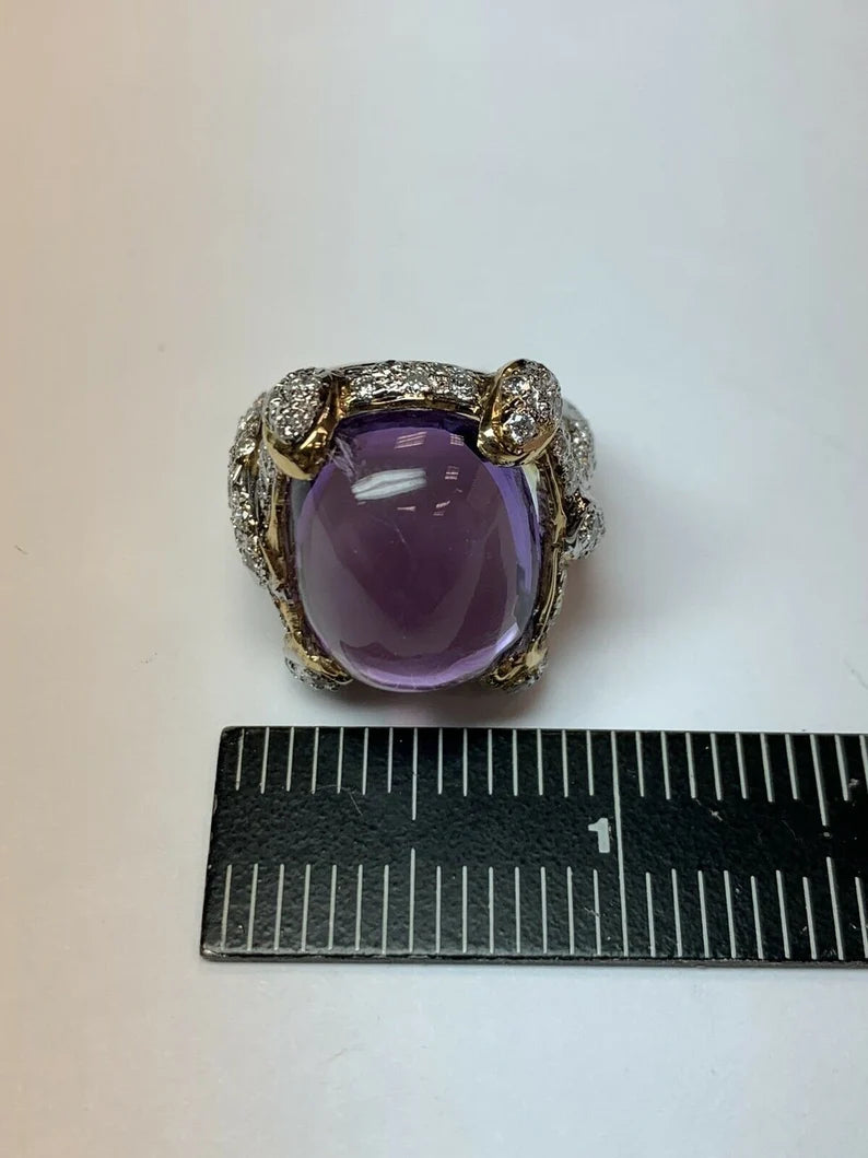 21.68 Carat Retro Gold Cocktail Ring Natural Diamond & Cab Amethyst 1960 Gem