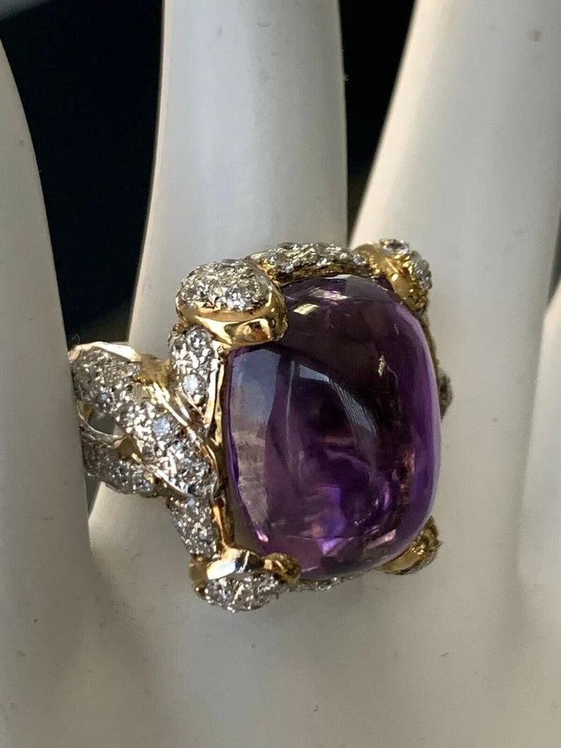 21.68 Carat Retro Gold Cocktail Ring Natural Diamond & Cab Amethyst 1960 Gem