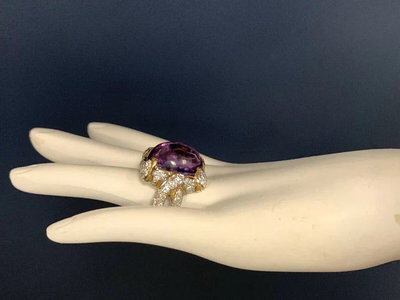 21.68 Carat Retro Gold Cocktail Ring Natural Diamond & Cab Amethyst 1960 Gem