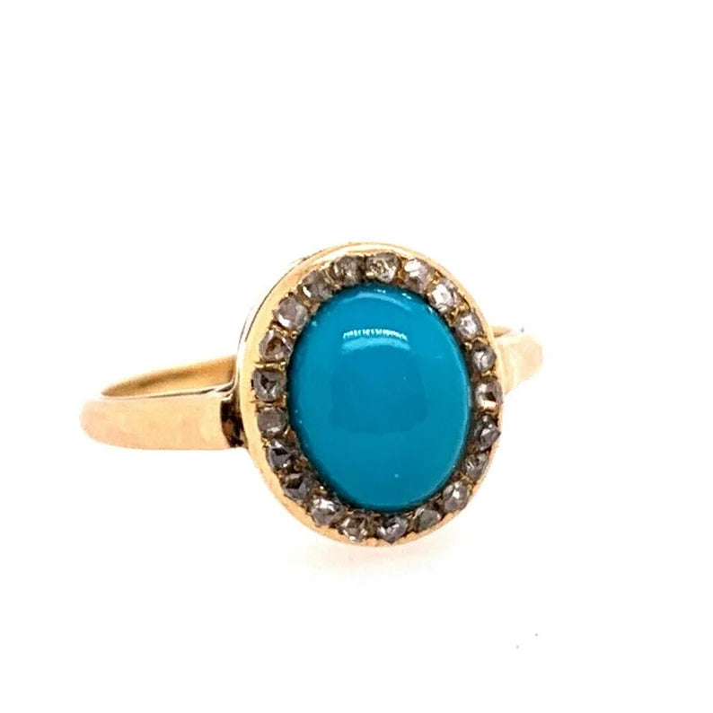 Mid Century Gold Ring Natural Persian Turquoise & Old Mine Diamond Circa 1950