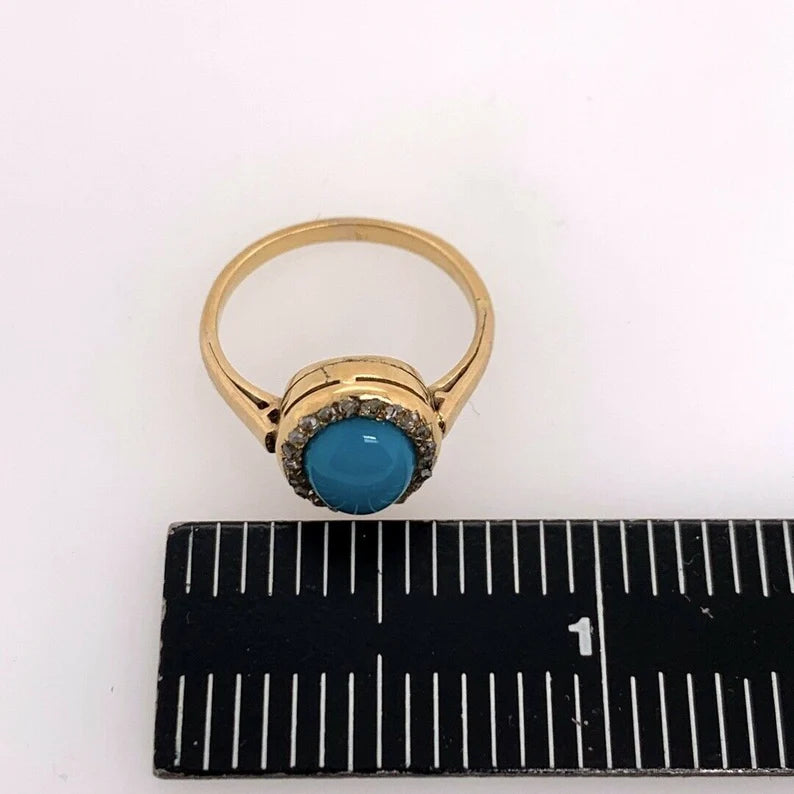 Mid Century Gold Ring Natural Persian Turquoise & Old Mine Diamond Circa 1950