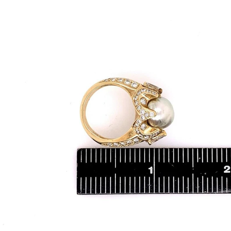 Retro Gold 3 Carat Cocktail Ring Natural Diamonds & 10.5mm Pearl Gem Circa 1960