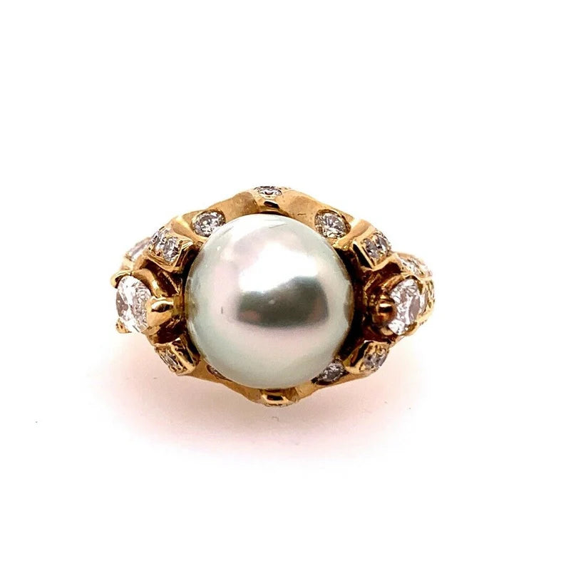Retro Gold 3 Carat Cocktail Ring Natural Diamonds & 10.5mm Pearl Gem Circa 1960