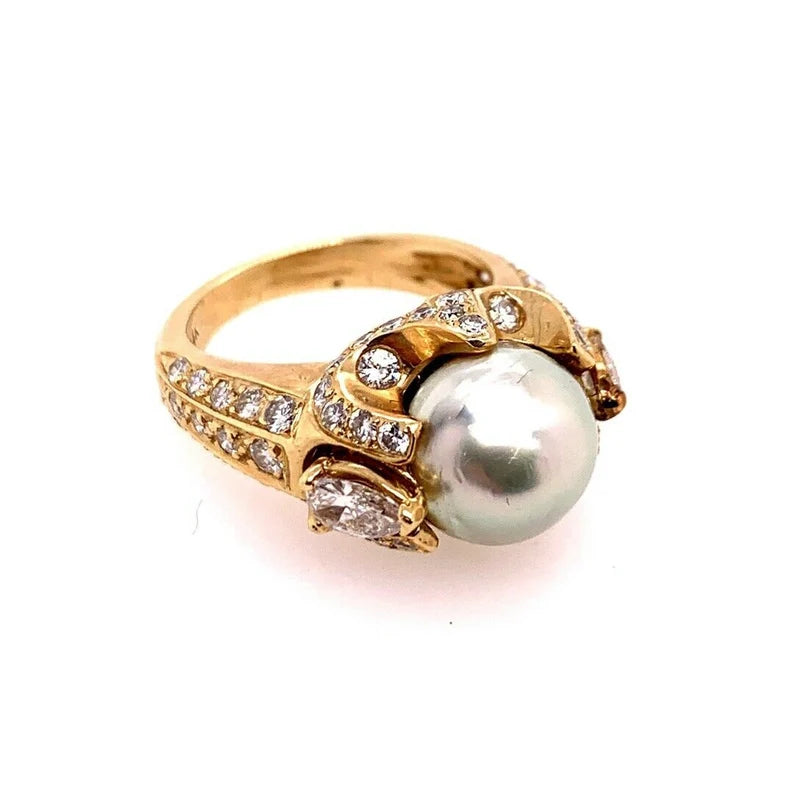 Retro Gold 3 Carat Cocktail Ring Natural Diamonds & 10.5mm Pearl Gem Circa 1960