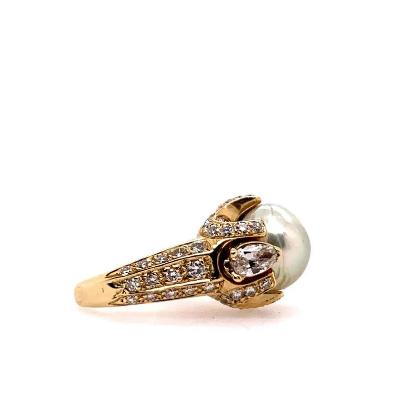 Retro Gold 3 Carat Cocktail Ring Natural Diamonds & 10.5mm Pearl Gem Circa 1960