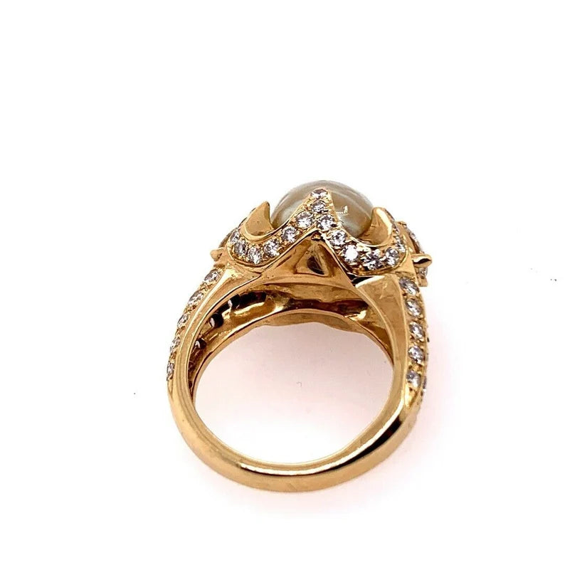 Retro Gold 3 Carat Cocktail Ring Natural Diamonds & 10.5mm Pearl Gem Circa 1960