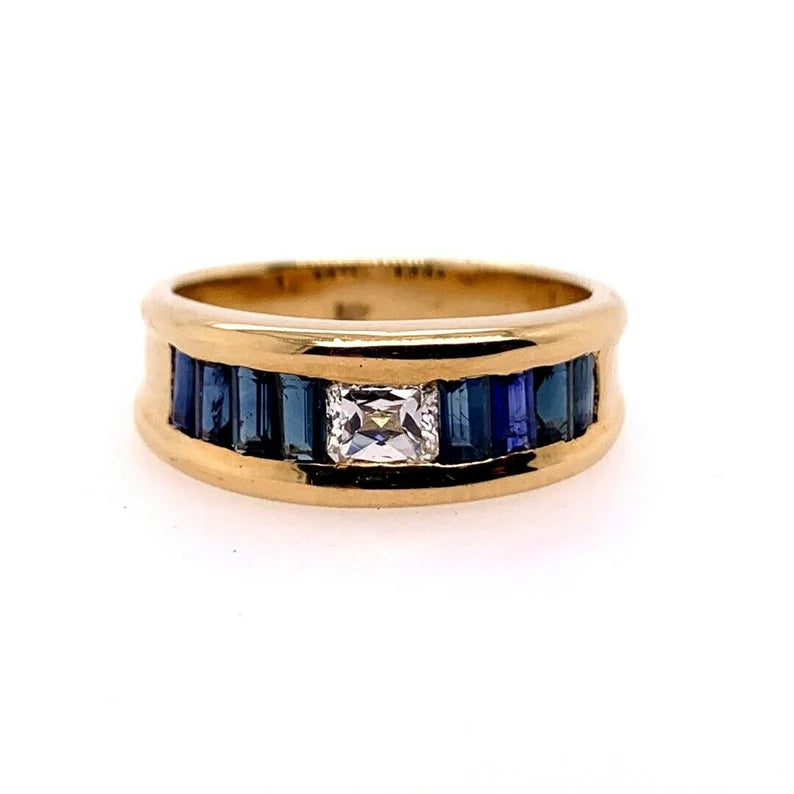 Retro Gold Cocktail Ring 1.4 Carat Natural Radiant Diamond & Sapphire Gem 1950