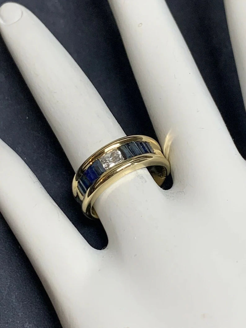 Retro Gold Cocktail Ring 1.4 Carat Natural Radiant Diamond & Sapphire Gem 1950