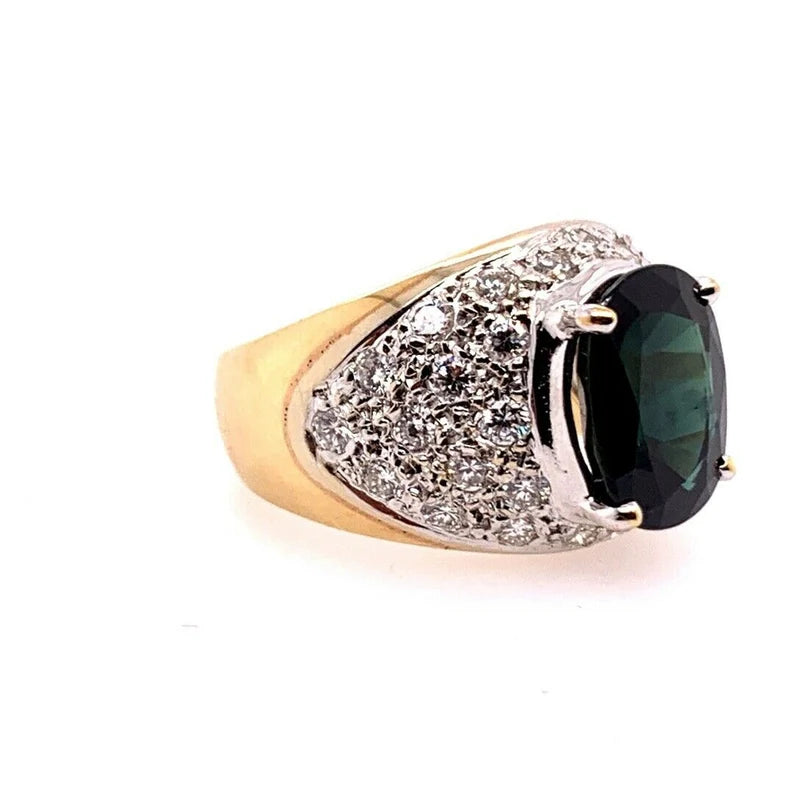 Retro Gold 5.5 Carat Natural Dark Blue Sapphire & Diamond Cocktail Gem Ring 1950