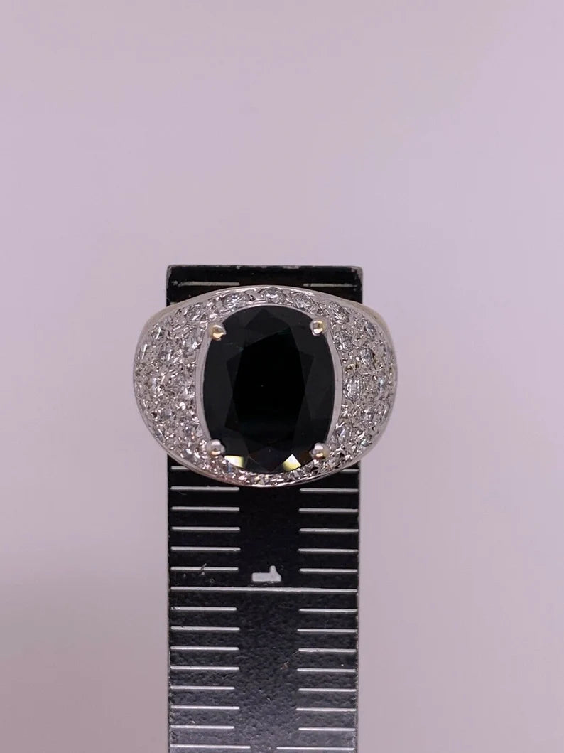 Retro Gold 5.5 Carat Natural Dark Blue Sapphire & Diamond Cocktail Gem Ring 1950