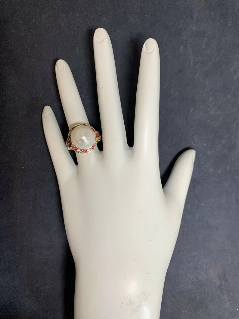 Retro Gold Cocktail Ring 1.4 Carat Natural Ruby, Diamond & 12mm Pearl Circa 1950