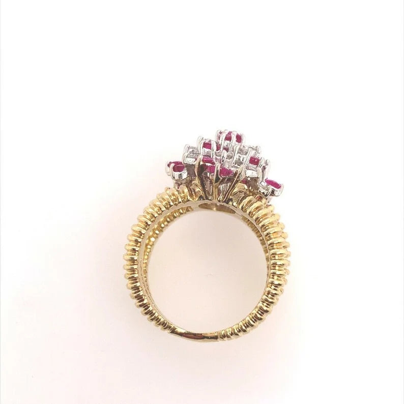 Retro Gold 2 Carat Natural Ruby Gem & Colorless Diamond Cocktail Ring Circa 1960
