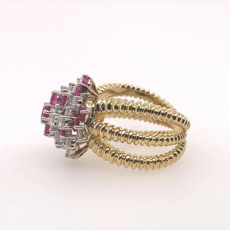 Retro Gold 2 Carat Natural Ruby Gem & Colorless Diamond Cocktail Ring Circa 1960