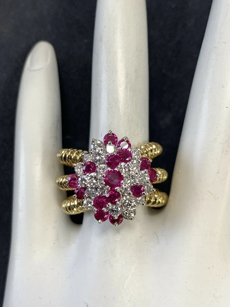 Retro Gold 2 Carat Natural Ruby Gem & Colorless Diamond Cocktail Ring Circa 1960