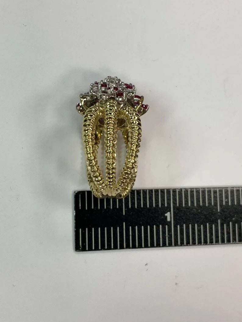 Retro Gold 2 Carat Natural Ruby Gem & Colorless Diamond Cocktail Ring Circa 1960