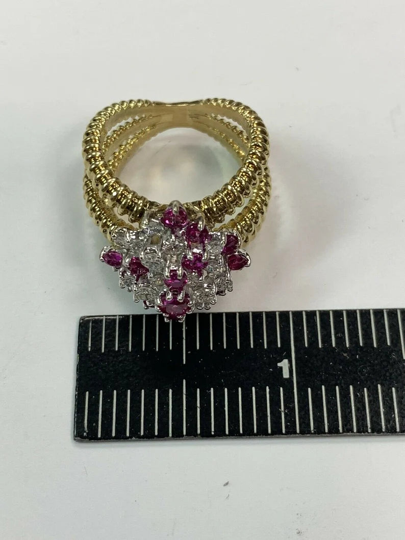 Retro Gold 2 Carat Natural Ruby Gem & Colorless Diamond Cocktail Ring Circa 1960