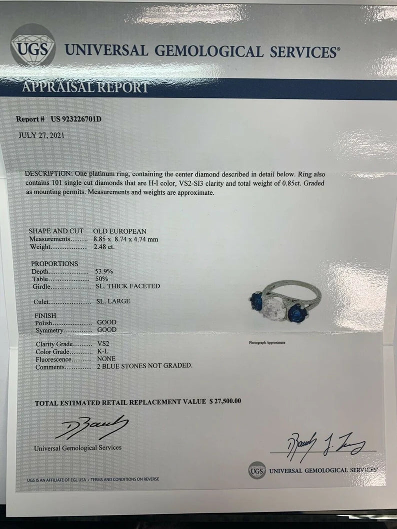 Art Deco Certified 2.48 Carat Natural Old European K VS Diamond Engagement Ring