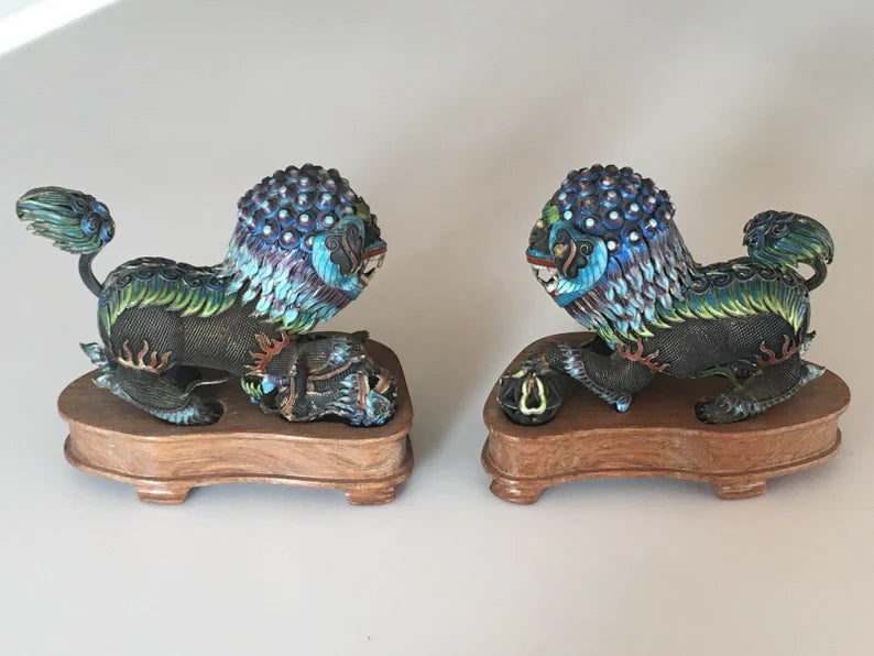 Very Rare Vintage Chinese Silver 925 Enamel Lion Fixture Estate Antique Gem