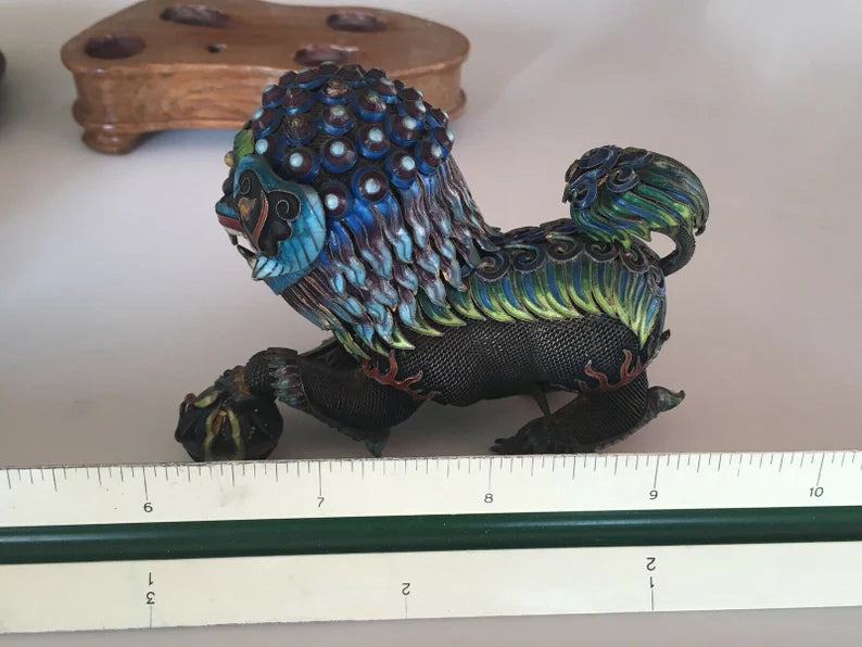 Very Rare Vintage Chinese Silver 925 Enamel Lion Fixture Estate Antique Gem