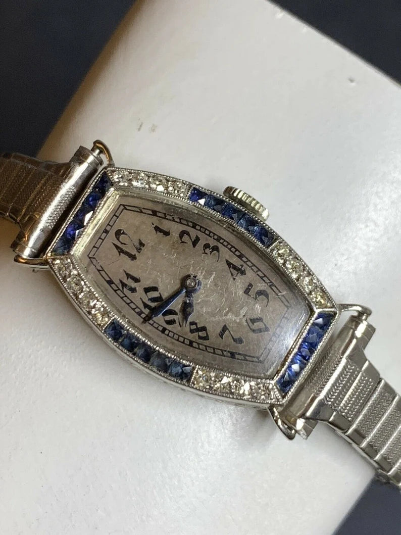 Ladies Platinum & Gold Longines Natural Diamond & Sapphire Manual Cocktail Watch