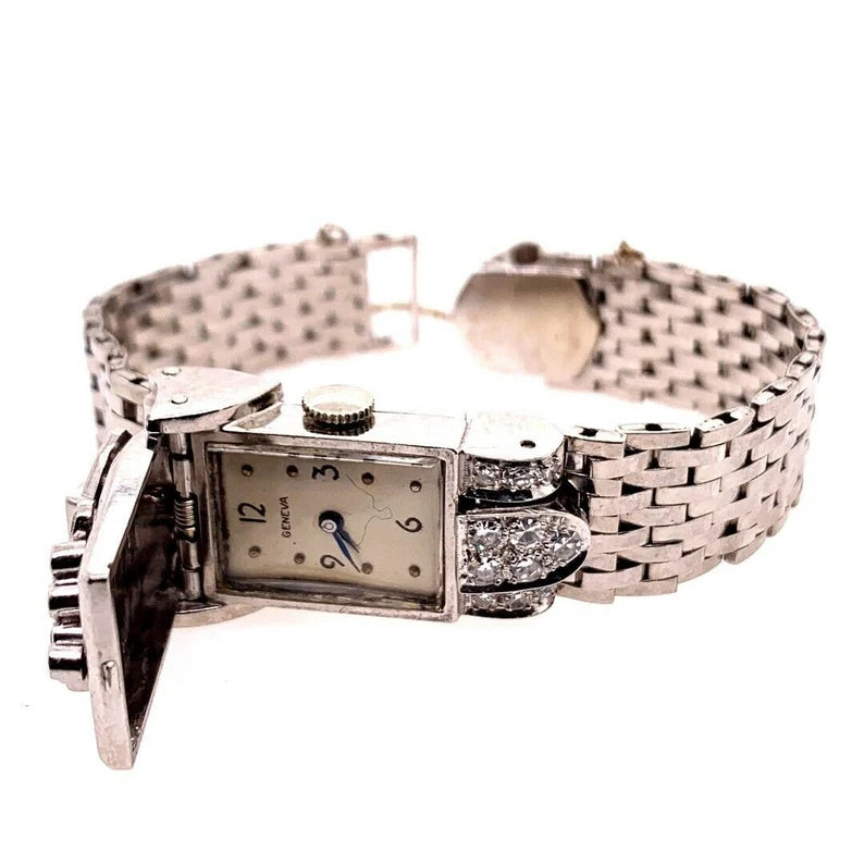 Ladies Vintage Platinum Geneva .60 Carat Natural Diamonds Cocktail Pop-Up Watch