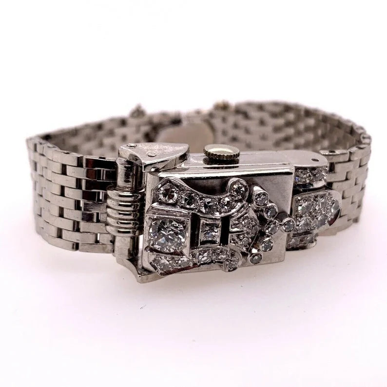Ladies Vintage Platinum Geneva .60 Carat Natural Diamonds Cocktail Pop-Up Watch