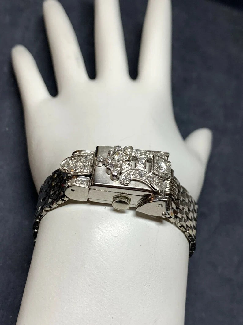 Ladies Vintage Platinum Geneva .60 Carat Natural Diamonds Cocktail Pop-Up Watch