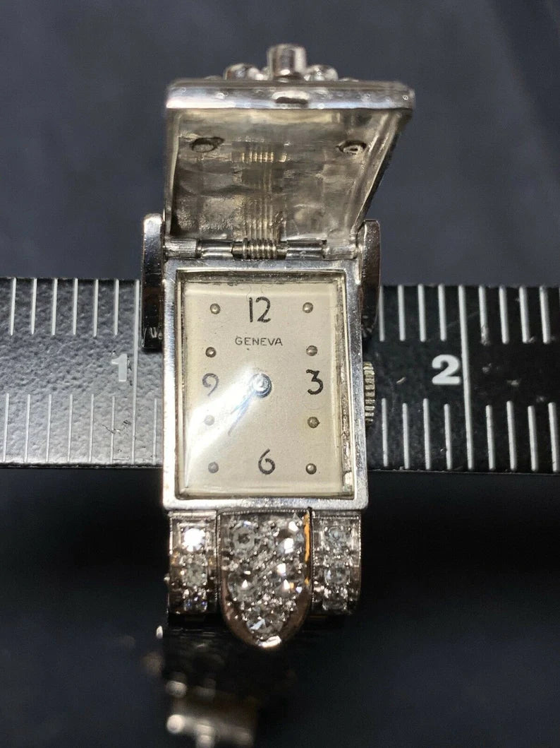 Ladies Vintage Platinum Geneva .60 Carat Natural Diamonds Cocktail Pop-Up Watch