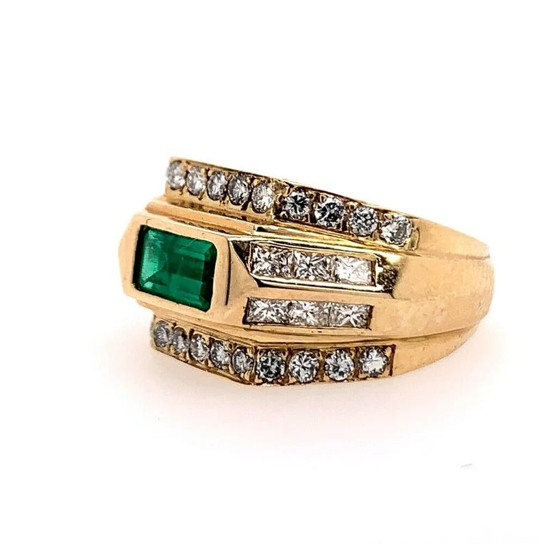 Gold Art Deco 2 Carat Ring Natural Green Emerald & Diamond Cocktail Circa 1960
