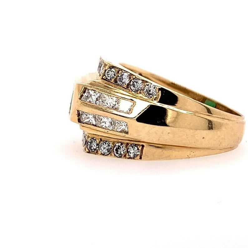 Gold Art Deco 2 Carat Ring Natural Green Emerald & Diamond Cocktail Circa 1960