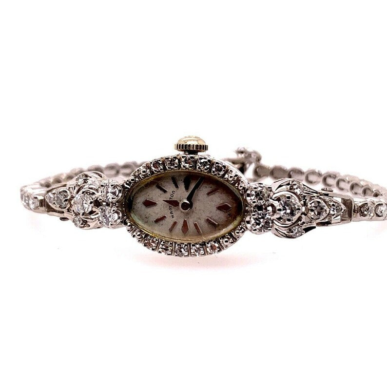Ladies White Gold Hamilton 2 Carat Natural F Color Diamond Manual Cocktail Watch