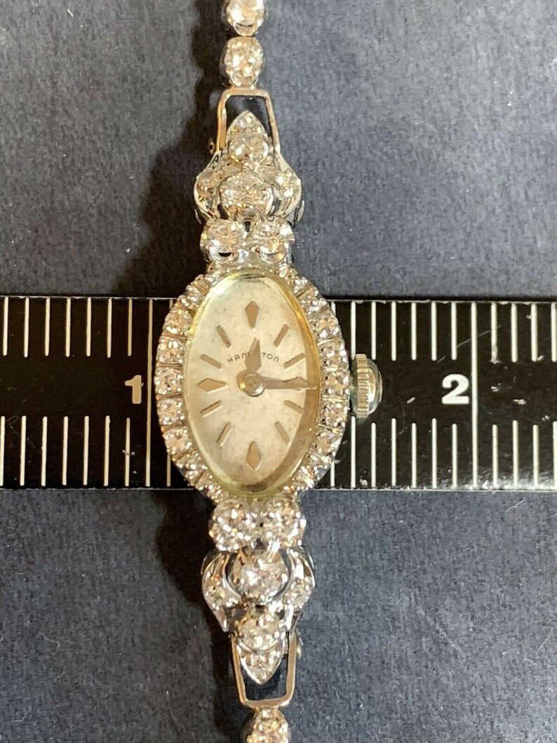 Ladies White Gold Hamilton 2 Carat Natural F Color Diamond Manual Cocktail Watch