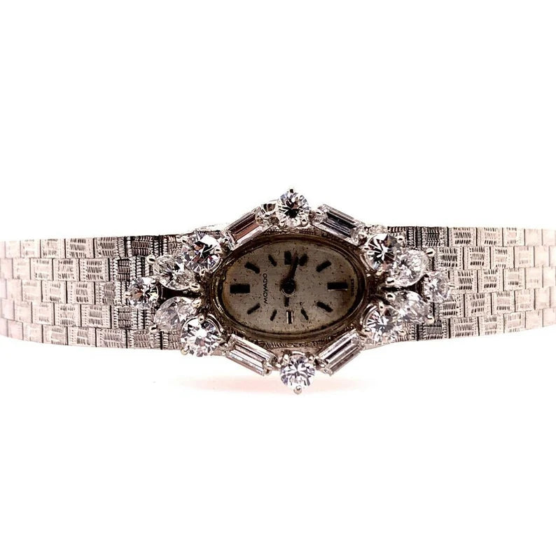 Ladies White Gold Movado 2 Carat Natural Colorless Diamond Manual Cocktail Watch