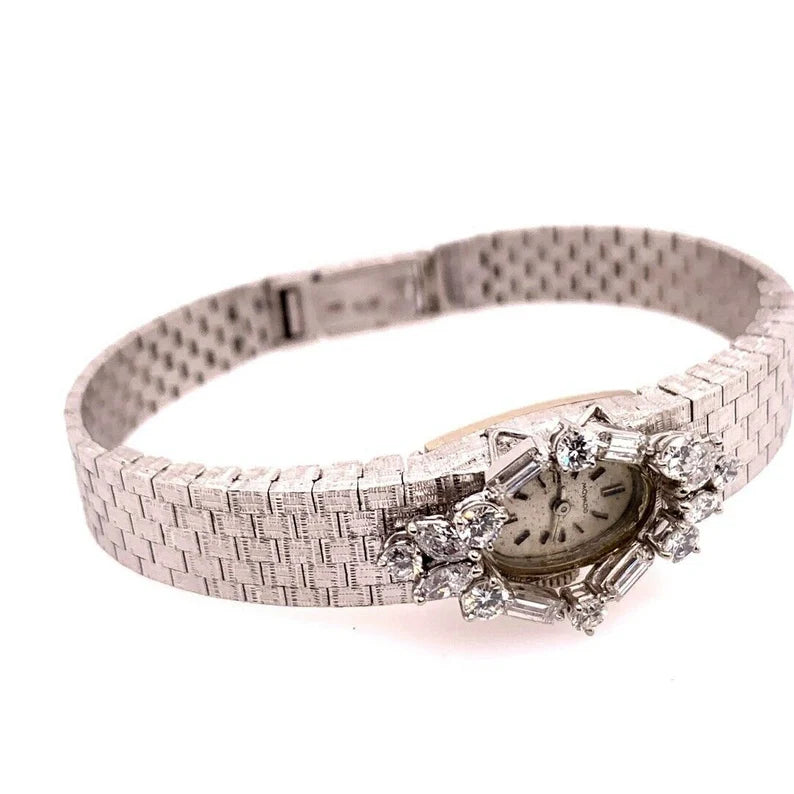 Ladies White Gold Movado 2 Carat Natural Colorless Diamond Manual Cocktail Watch