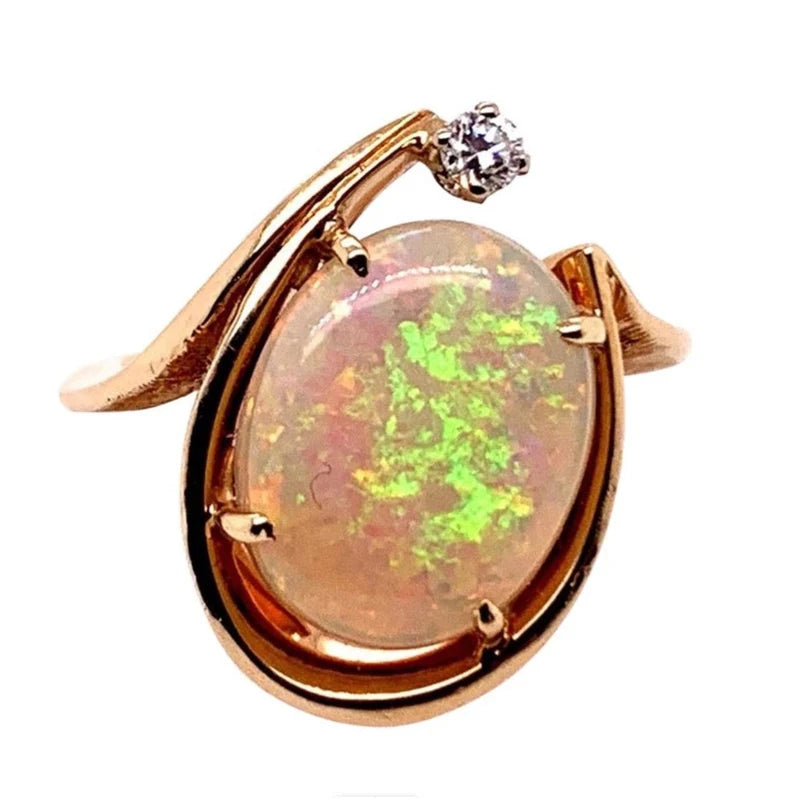 Retro Gold Cocktail Ring 3 Carat Natural Opal Gemstone & Diamond Ring circa 1970