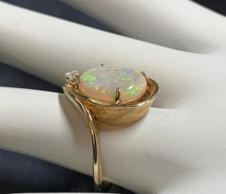 Retro Gold Cocktail Ring 3 Carat Natural Opal Gemstone & Diamond Ring circa 1970