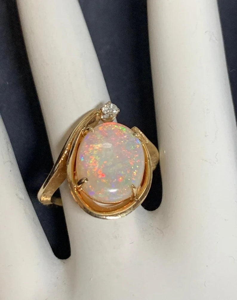 Retro Gold Cocktail Ring 3 Carat Natural Opal Gemstone & Diamond Ring circa 1970