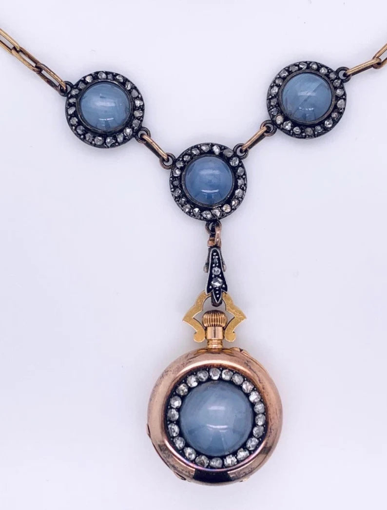 Original Boucheron Star Sapphire and Diamond Gold Necklace Circa 1900 with Clock