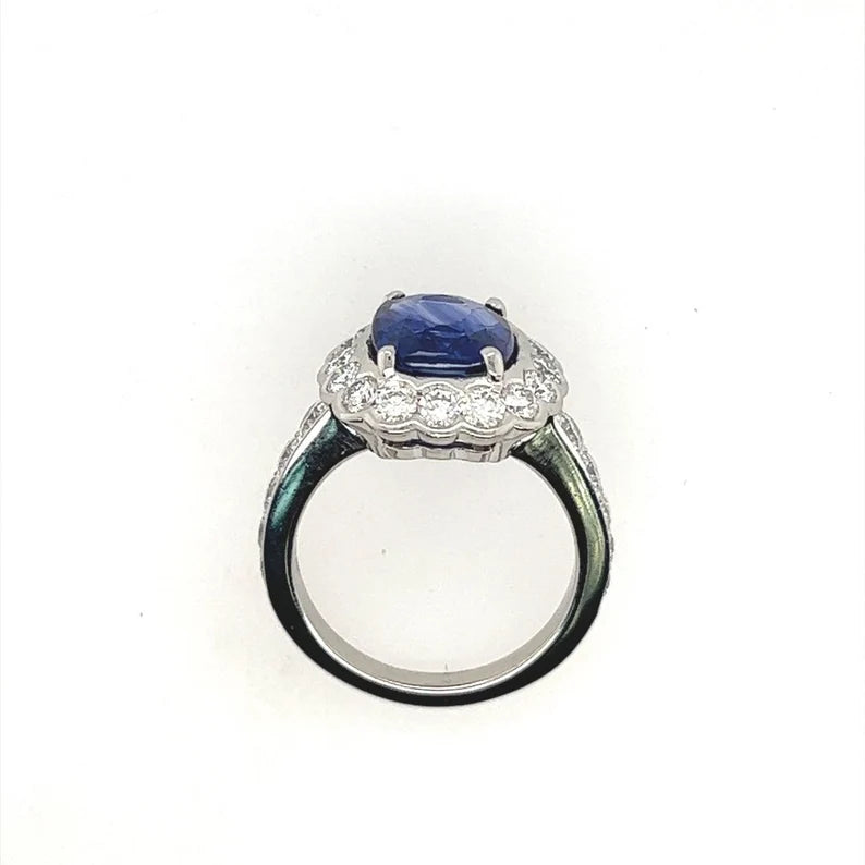 Modern Platinum 4.29 Carat Natural Royal Blue Sapphire & Diamond Engagement Ring