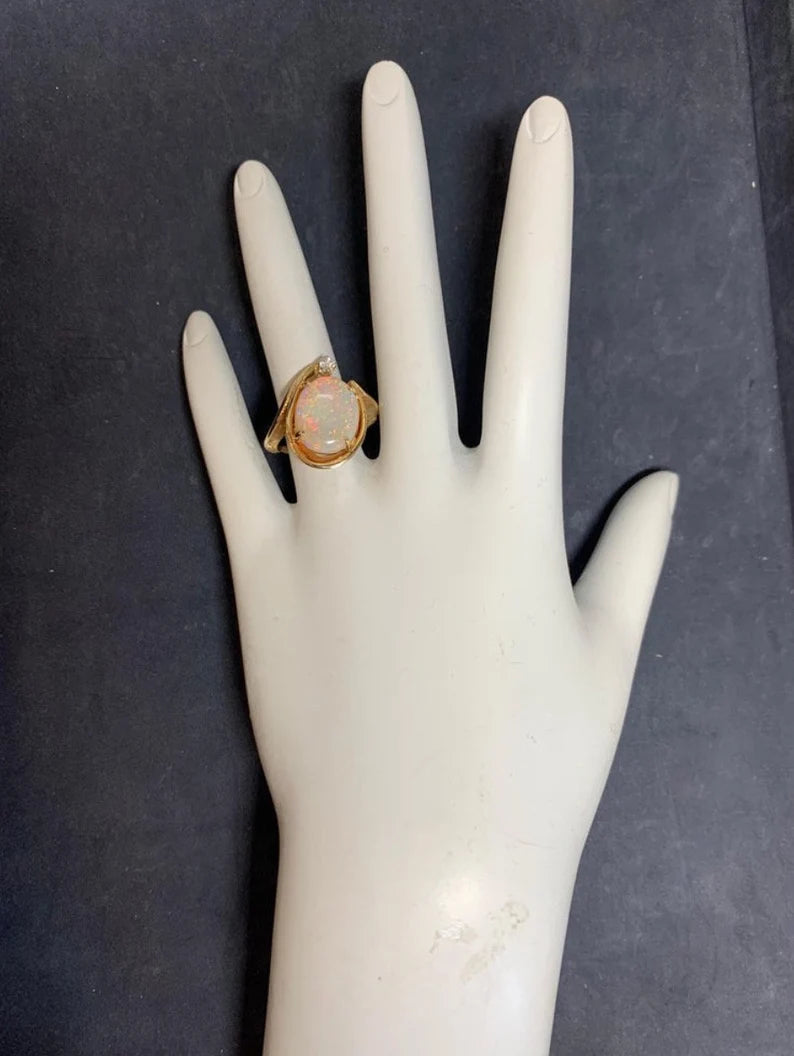 Retro Gold Cocktail Ring 3 Carat Natural Opal Gemstone & Diamond Ring circa 1970