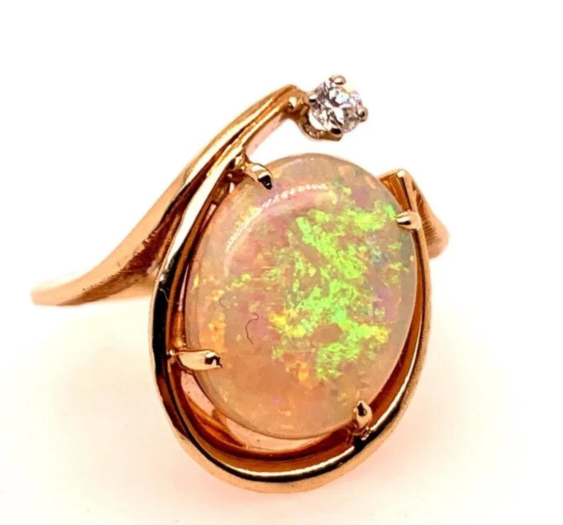 Retro Gold Cocktail Ring 3 Carat Natural Opal Gemstone & Diamond Ring circa 1970