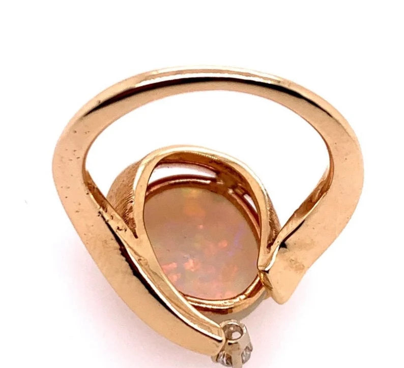 Retro Gold Cocktail Ring 3 Carat Natural Opal Gemstone & Diamond Ring circa 1970