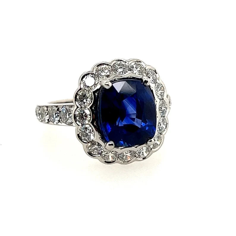 Modern Platinum 4.29 Carat Natural Royal Blue Sapphire & Diamond Engagement Ring