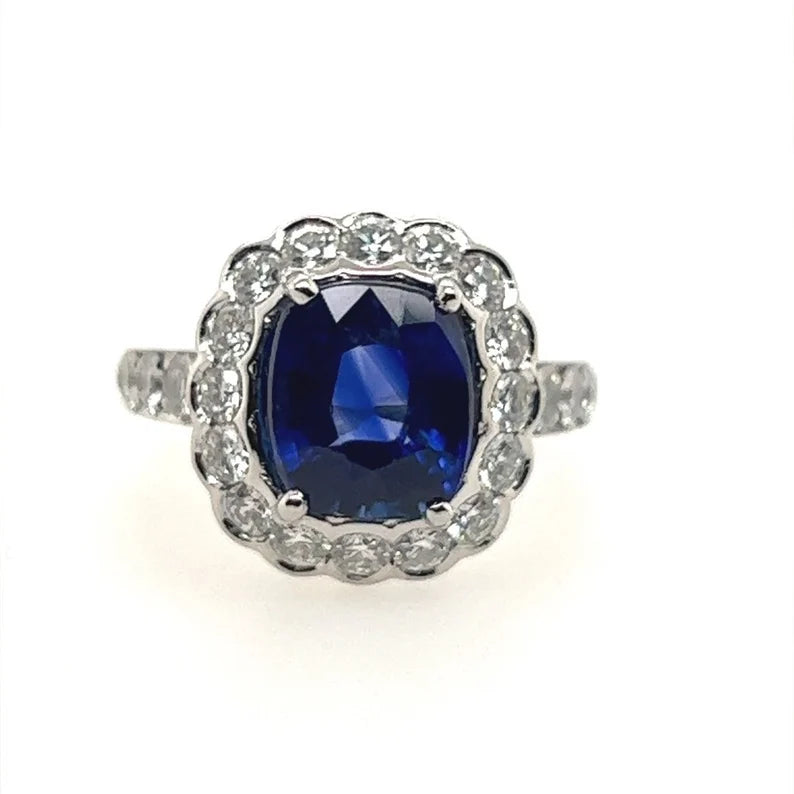 Modern Platinum 4.29 Carat Natural Royal Blue Sapphire & Diamond Engagement Ring