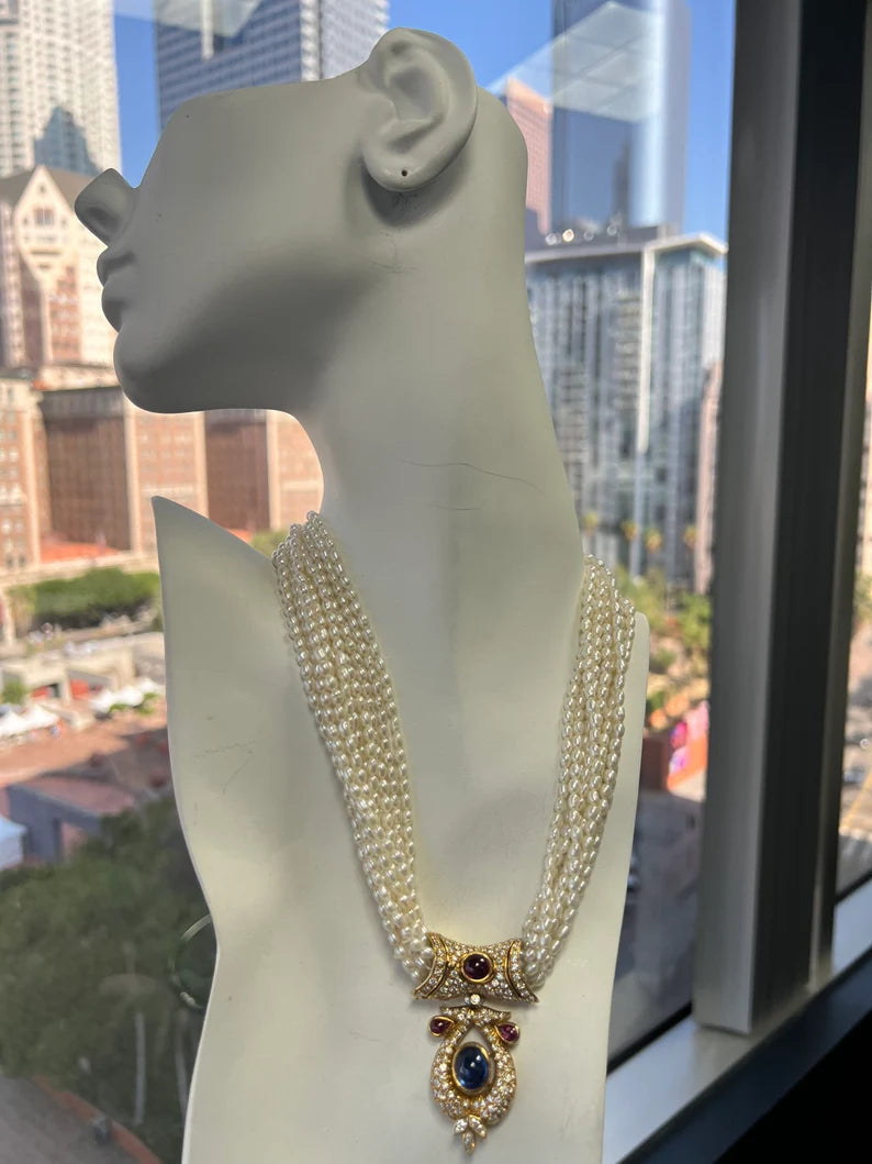 GIA Certified 14 Carat Natural Diamond and Blue Sapphire Cab Necklace Circa 1950