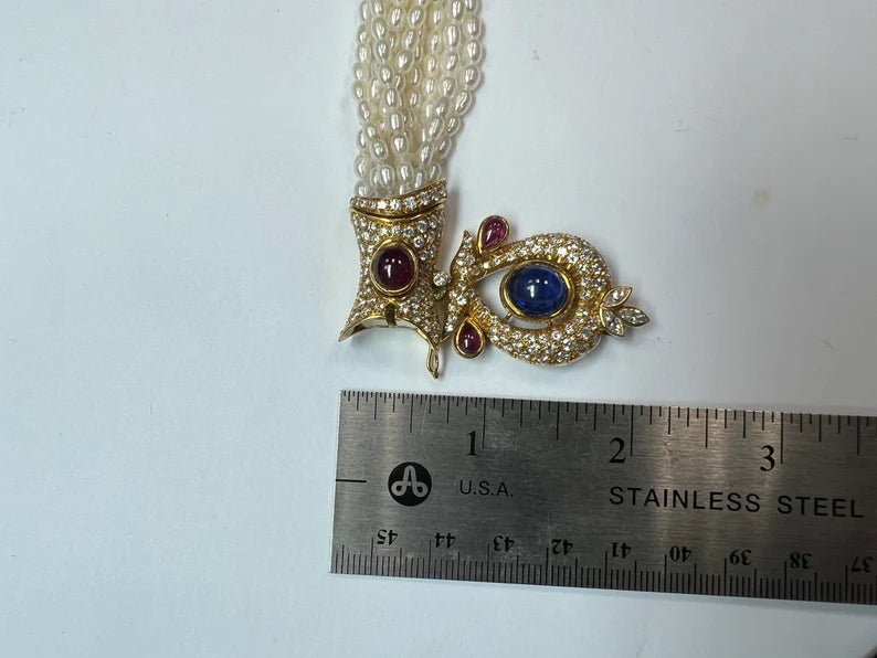 GIA Certified 14 Carat Natural Diamond and Blue Sapphire Cab Necklace Circa 1950