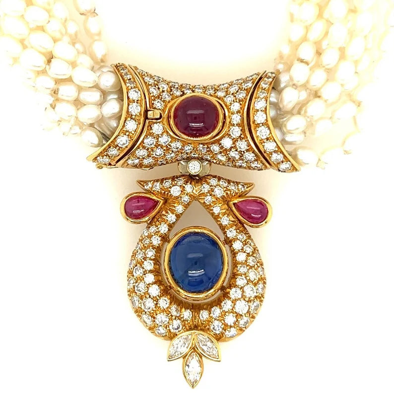 GIA Certified 14 Carat Natural Diamond and Blue Sapphire Cab Necklace Circa 1950
