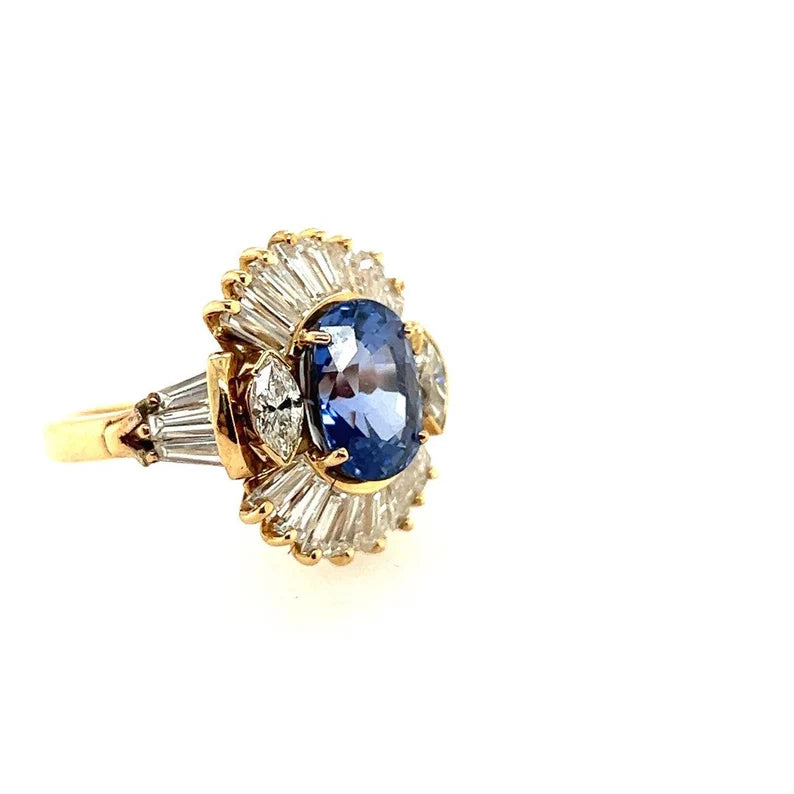 Retro Gold 6.77 Carat Certified Natural Blue Sapphire Diamond Cocktail Ring 1960
