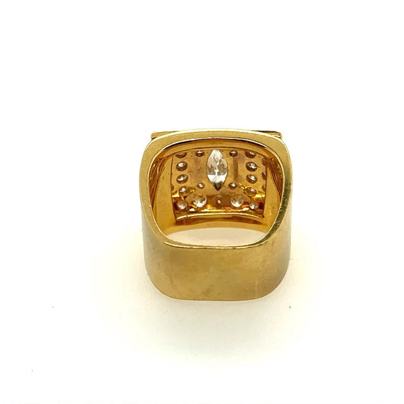 Retro Gold Mens 1.67 Carat Natural Marquise and Round Diamond Cocktail Ring 1970