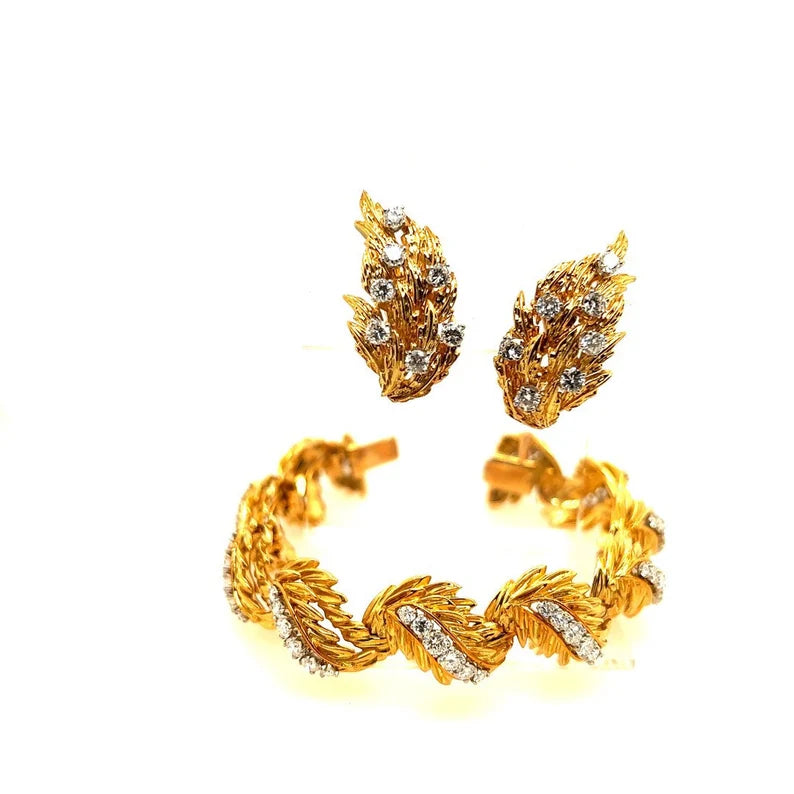 Retro French 6.04 Carat Natural Diamond and Gold Bracelet Earring Set Circa 1960